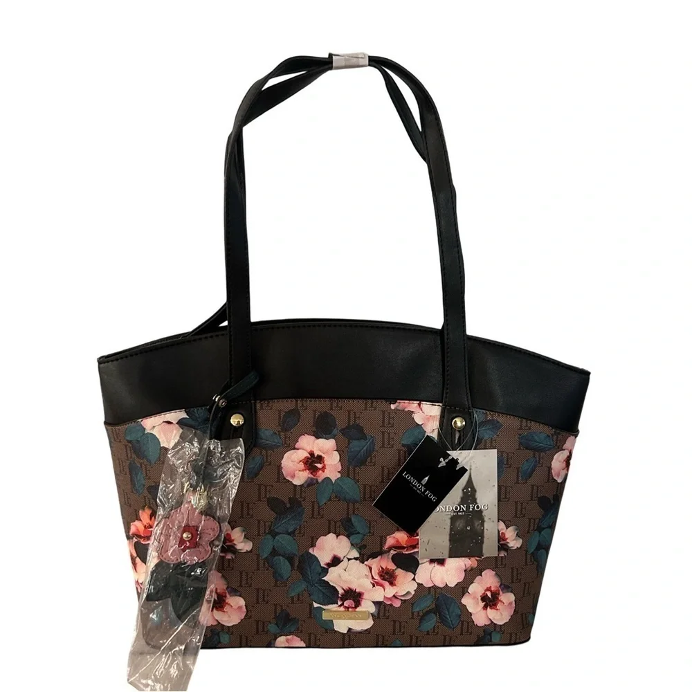 London Fog Floral Logo Tote Bag Brown Black Gold Large Shoulder Handbag